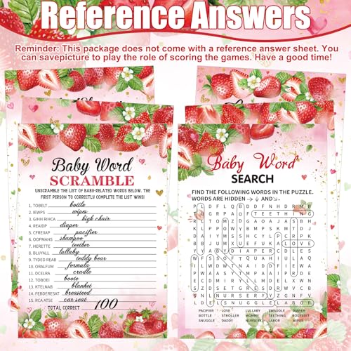 Funnymoom 426 Pcs Strawberry Baby Shower Games Set-8 Games Includes Baby Shower Bingo Price is Right Guess Who Word Scramble Prediction and Advice How Big is Mommy's Belly Don't Say the Words - color: Red, style: Strawberry