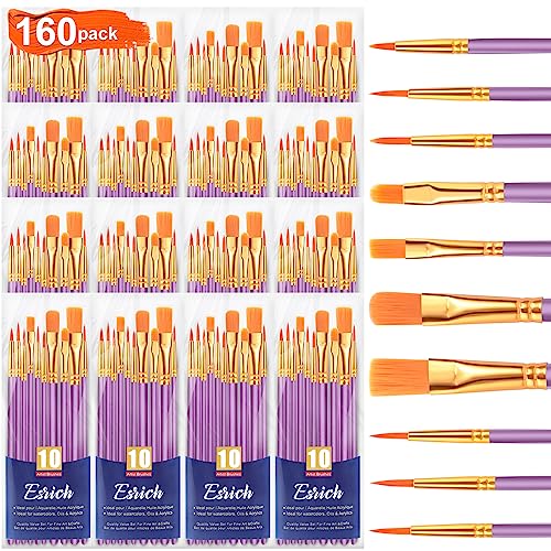 ESRICH Acrylic Paint Brushes Set, 16Packs 160Pcs, Nylon Brush Head | Acrylic, Oil, Watercolor, Rock Body Face Nail Art, Gift for Kids Adult Drawing, Purple - color: Purple, size: 160