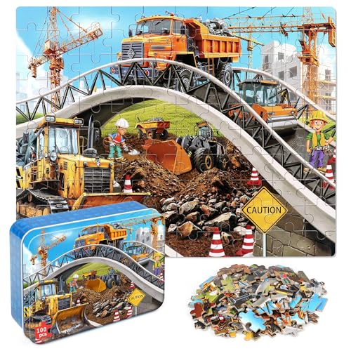 LELEMON Puzzles for Kids Ages 4-6,Construction Site 100 Piece Puzzles for Kids Ages 4-8 in a Metal Box,Educational Jigsaw Puzzles 100 Piece Puzzle Games Puzzle Toys for Girls and Boys - color: Construction Vehicle