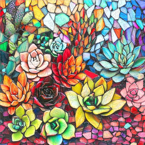 Wooden Puzzles for Adults, Stained Glass Succulent Puzzles 200 Pieces | Unique Shaped Jigsaw Puzzles, Gift for Plant Puzzle Lovers, Desktop Decor, Fun Challenge Family Game 11.2'' x 11.2'' - color: Colorful Succulents, size: Small