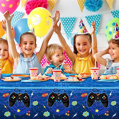gisgfim 3pcs Video Game Tablecloths Gamer Tablecloth Birthday Party 106x54 Inch Gaming Party Plastic Table Cover Blue Gamer Table Cloth Game On Birthday Supplies for Kids Gaming Decor Favors