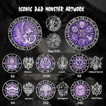 DNDND Unique Spinner DND Dice, 8-in-1 Hexagonal Metal DND Dice with Dual D20 Monster Themed Dice Set for DND Dungeons and Dragons, Dungeon Masters with Collectible Gift Tin (Silver with Purple) - color: Silver Purple
