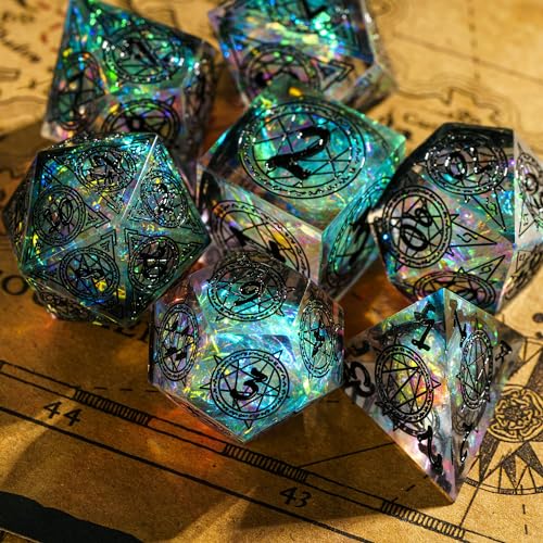 Cusdie 7-Die Sharp Edges DND Dice Set, Magic Circle Pattern Polyhedral D&D Dice Set for DND TTRPG Role Playing Games - color: Magic Pattern-transparent Black