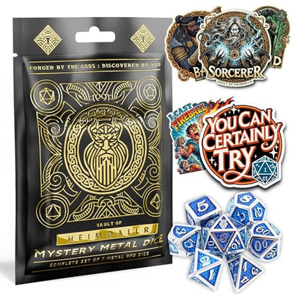 HEIMDALLR Mystery Metal DND Dice Set – 7pc Blind Bag with Random Class & Funny DND Stickers – Metal Role Playing Dice for Dungeons and Dragons – Gift for D&D Players, Great for New Characters - color: Mystery Metal Dice 1-pack