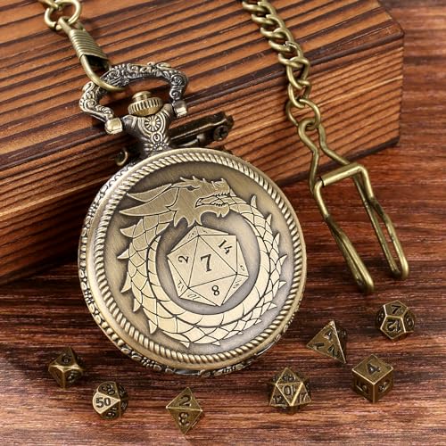 Mini D&D Dice Set with Bronze Steampunk Dragon Swallow Tail Pocket Watch Shell Case, DND Dice Bag, 7pcs Polyhedral Dice Set, Portable DND Starter Set, Board Games Accessories, RPG MTG Gifts - color: Dragon Swallow Tail