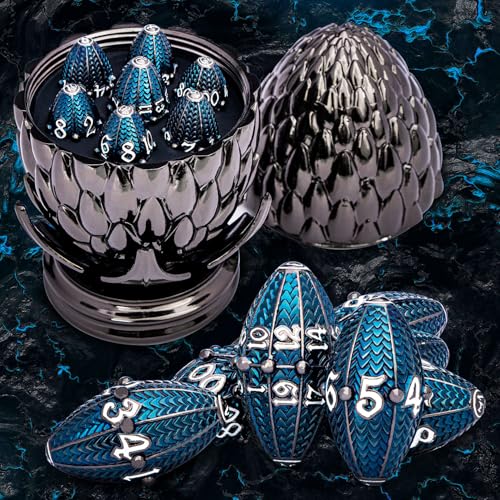 ARUOHHA DND Metal Dice Black Blue Dragons Egg Dice with Rotating Dragon Egg Shell, Compatible with D&D RPG Role Playing Game, Dungeons Polyhedral D and D Dice Set D20 D12 D10 D8 D6 D4 - color: Black Blue