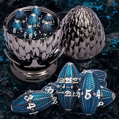 ARUOHHA DND Metal Dice Black Blue Dragons Egg Dice with Rotating Dragon Egg Shell, Compatible with D&D RPG Role Playing Game, Dungeons Polyhedral D and D Dice Set D20 D12 D10 D8 D6 D4 - color: Black Blue