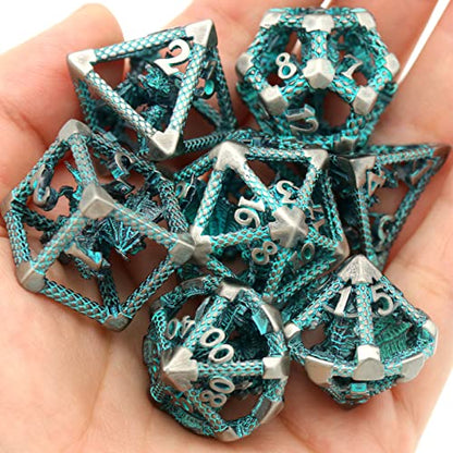 DND Dice Set,3D Hollow Dragon Metal 7-Die,Silver Blue | Solid Copper,Lightweight 68g Dice Set,Easy-to-Read Numbers,Gift Box & Velvet Bag for DND and TTRPG Gaming - color: 3d-sliver Blue