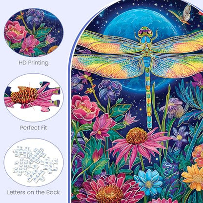 Moonlit Dragonfly in Flower Garden 500 Piece Jigsaw Puzzle, Relaxing Game | Fun and challenging for family time, relaxing gift for adults and seniors, 20.5 x 15 in - style: Dragonfly