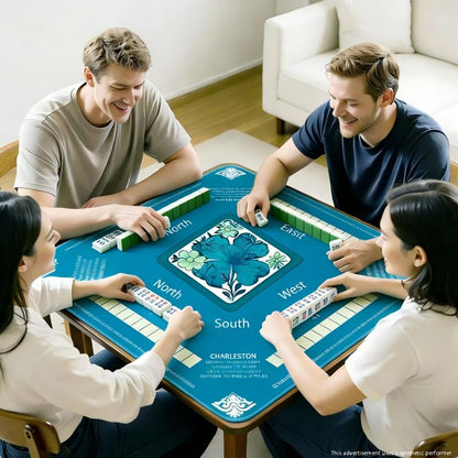 Chinoiserie Floral Mahjong Mat 32.4" x 32.4" with Rules, Anti-Slip Noise Reduction Design with Carrying Bag, Table Cover for Poker, Board Games, Dominoes and Card Games - color: Blue Floral