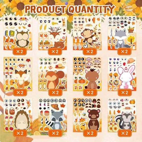 24 Sheets Fall Stickers, Make-a-face Sticker, Fall Animal Stickers | for Kids Make Your Own Animal Mix and Match Sticker Sheets Kids Party Favor Supplies Craft - style: Fall Animal