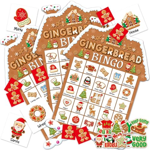 39Pcs Christmas Gingerbread Themed Bingo Game for Kids Adults 24 Players Christmas Baking Game Cards with Reward Stickers for Family Friends Students Large Group Activities Winter Holiday Party Favors - style: Christmas Gingerbread