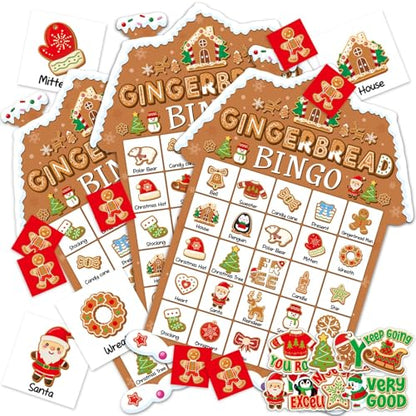 39Pcs Christmas Gingerbread Themed Bingo Game for Kids Adults 24 Players Christmas Baking Game Cards with Reward Stickers for Family Friends Students Large Group Activities Winter Holiday Party Favors - style: Christmas Gingerbread