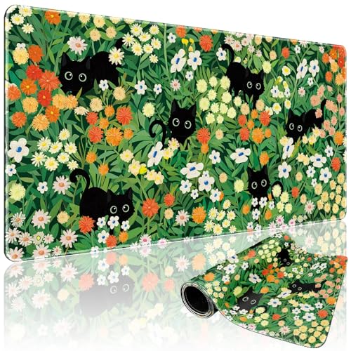 Cute Flower Cat Large Gaming Mouse Pad Desk Mat 31.5"x15.7" | Extended Mousepad, Non-Slip Rubber Base , Stitched Edges, for Computer/Laptop/Office/Home - color: Cat Floral