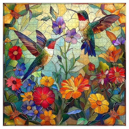 Stained Glass Puzzles for Adults 1000 Pieces, PICKFORU Colorful Flower Hummingbird Jigsaw Puzzles, Mosaic Bird Puzzles as Home Decor - style: Hummingbird