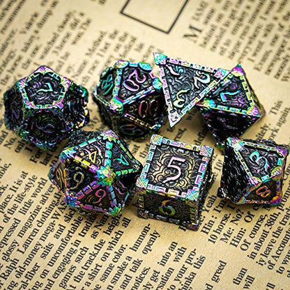 Cusdie 7 Pcs Metal DND Dice with Metal Box, Dagger Design Polyhedral Dice Set, for Role Playing Game D&D Dice (Colorful Black) - color: Colorful Black