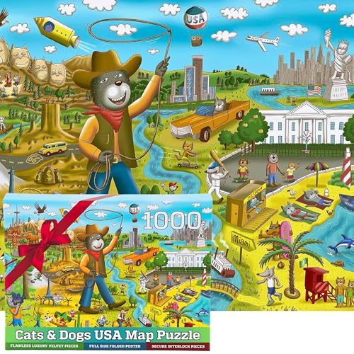 1000 Piece Puzzle for Adults & Kids - Funny Cats & Dogs USA Map Puzzle, Gift-Ready Box, Letters on Back, 8 Jigsaw Puzzle Saver Sheets & Full-Size Poster by GERJATO - Fun Educational Gift for All Ages - color: Pawsome America