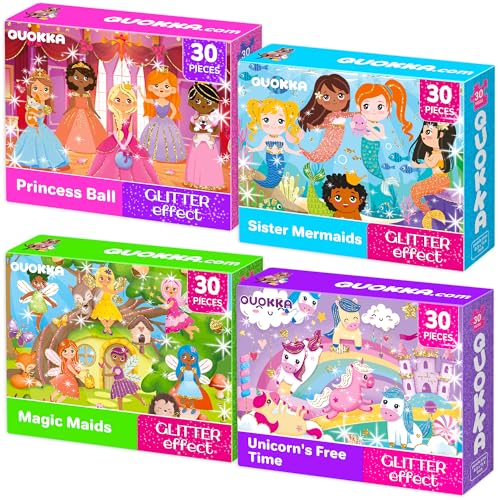 30 Piece Puzzles for Kids 3-5 - 4 Jigsaw Shimmer Toddlers Puzzles Ages 2-4 | Fairy Tale Set with Princess Unicorns Puzzles for Kids Ages 4-6 Years - Gift for Children - color: Meadow Girls