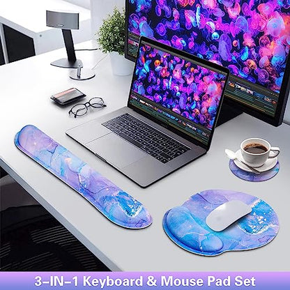 Mouse Pad Purple, Mouse Pad with Wrist Rest Set, 3-in-1 | Wrist Support Mousepad Set,Gaming with Anti-Skid Base,Ergonomic Memory Foam Keyboard Gel Wrist Rest - color: Purple Blue Marble