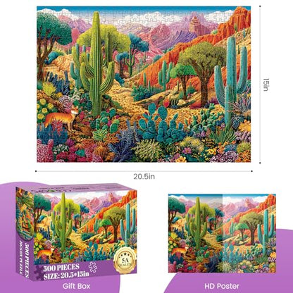 500 Piece Jigsaw Puzzles for Adults, Colorful Desert 500 Piece Puzzle, Vibrant Landscape with Cacti, Fox and Mountains Jigsaw Puzzles, Relaxing Gift for Adults, Seniors, 20.5 x 15 in - style: DESERT