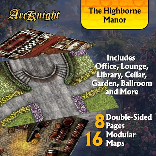 Arcknight The Highborne Manor Roleplaying Battlemaps; 16 Modular RPG Maps in 8 Double-Sided Pages, 1" Square Grid, Modular & Versatile Design for Tabletop Gaming - for Dungeons & Dragons, Pathfinder - style: Highborne Manor