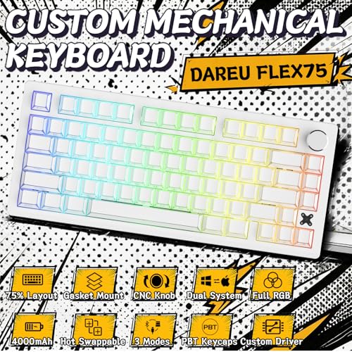 DAREU FLEX75 Gasket Wireless Mechanical Keyboard with Knob-Comic | Tri-mode,Hot Swap,75% Custom Gaming Keyboard with PBT Keycaps,RGB Backlit for Mac/Win - color: White Shadowfold