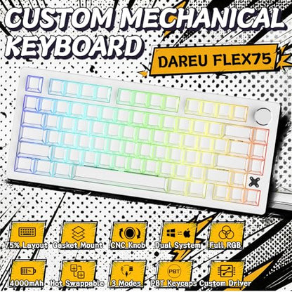 DAREU FLEX75 Gasket Wireless Mechanical Keyboard with Knob-Comic | Tri-mode,Hot Swap,75% Custom Gaming Keyboard with PBT Keycaps,RGB Backlit for Mac/Win - color: White Shadowfold