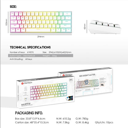 FANTECH Maxfit61 60% Mechanical Keyboard - Hot Swappable Blue Switch, White - color: BlueSW(Clicky)-White