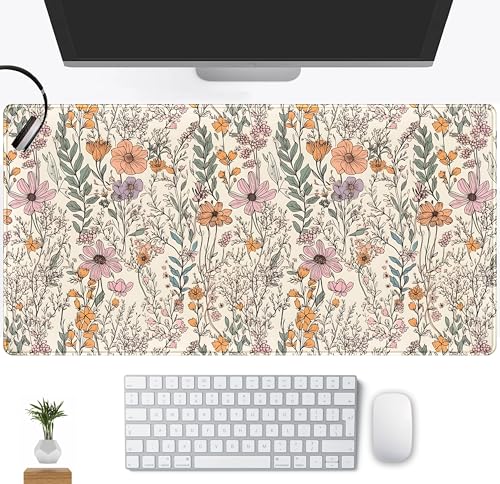 Wild Flowers Gaming Mouse Pad, Floral Cute Keyboard Mouse Mat, Full Desk Protector, Aesthetic Desk Decor 31.5"x15.75" - color: Colorful Vintage Flowers