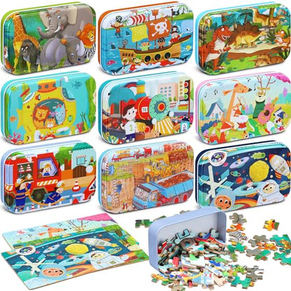 Libima 9 Boxes Party Favors Jigsaw Puzzles in a Metal Box for Birthday Favors Supplies Wooden Puzzle Gifts, 9 Styles, 60 Pieces Each(Delicate Style) - style: Delicate Style