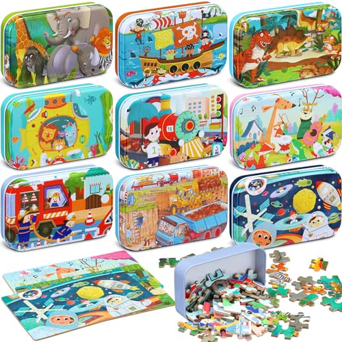 Libima 9 Boxes Party Favors Jigsaw Puzzles in a Metal Box for Birthday Favors Supplies Wooden Puzzle Gifts, 9 Styles, 60 Pieces Each(Delicate Style) - style: Delicate Style