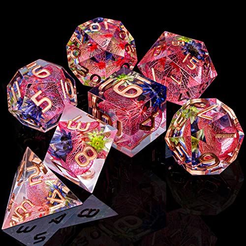 ARUOHHA DND Resin Dice Translucent Pink Leaf Sharp Edged Dragons Dice Set with Box, 7pcs Flower Inclusions Polyhedral Dungeons D and D Dice RPG Role Playing Game D20 D12 D10 D8 D6 D4 - color: Pink - Leaf