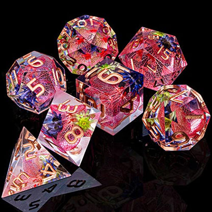 ARUOHHA DND Resin Dice Translucent Pink Leaf Sharp Edged Dragons Dice Set with Box, 7pcs Flower Inclusions Polyhedral Dungeons D and D Dice RPG Role Playing Game D20 D12 D10 D8 D6 D4 - color: Pink - Leaf