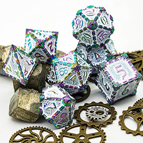 Cusdie 7 Pcs Metal DND Dice with Metal Box, Dagger Design Polyhedral Dice Set, for Role Playing Game D&D Dice (Colorful White) - color: Colorful White