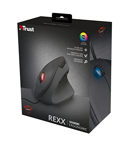 Trust Gaming GXT 144 Rexx Vertical Ergonomic Gaming Mouse, 250-10,000 DPI, 6 Buttons, Black | Ergonomic design prevention against mouse arm / tennis elbow (RSI syndrome), RGB LED lighting, black