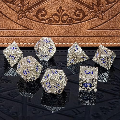 Metal Hollow DND Dice Set with A Gift Box, Silver Metallic Luster Maze Design, Ideal DND Dice Set for D&D DM and Players, Perfect for Dungeons and Dragons, MTG, COC Game Meetings (Cleric) - color: Hollow-silver
