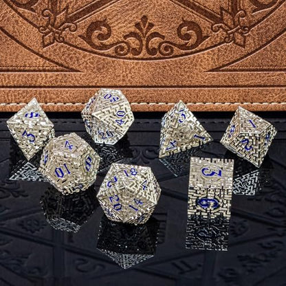Metal Hollow DND Dice Set with A Gift Box, Silver Metallic Luster Maze Design, Ideal DND Dice Set for D&D DM and Players, Perfect for Dungeons and Dragons, MTG, COC Game Meetings (Cleric) - color: Hollow-silver