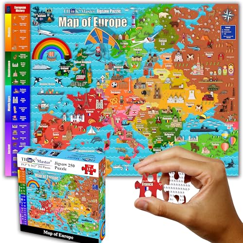 Think2Master Colorful Map of Europe 250 Pieces Jigsaw Puzzle. Great Puzzle for Adults & Seniors Easier to Handle Larger Pieces. Size: 14.2” X 19.3” - style: Map of Europe