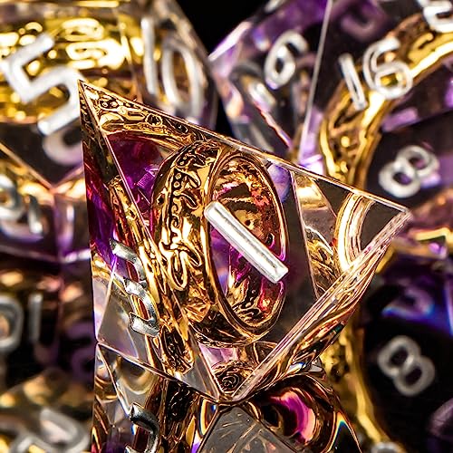 OUKELANWO Magic Lord Rings DND Dice Set with Box, 7Pcs Resin LOTR D&D Dice Set for Role Playing Game, Purple Dungeons Dragons D and D Sharp Edge Dice D20 D12 D10 D8 D6 D4 - color: Purple & White
