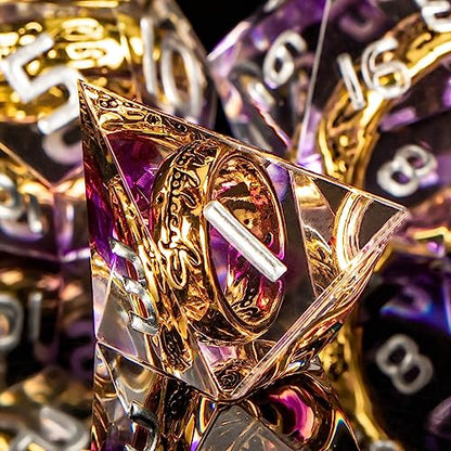 OUKELANWO Magic Lord Rings DND Dice Set with Box, 7Pcs Resin LOTR D&D Dice Set for Role Playing Game, Purple Dungeons Dragons D and D Sharp Edge Dice D20 D12 D10 D8 D6 D4 - color: Purple & White