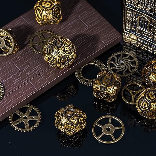 Metal Dice Set D&D, 7-Die DND Dice Metal Gear Dice with Gift Bag for Role Playing Games(Antique Gold) - color: Antique Gold