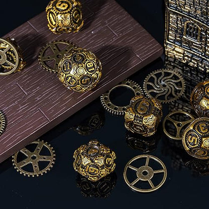 Metal Dice Set D&D, 7-Die DND Dice Metal Gear Dice with Gift Bag for Role Playing Games(Antique Gold) - color: Antique Gold