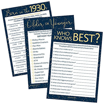 Navy and Gold 90th Birthday Games Set, Born in the 1930s, 20 Guests | 5" x 7" Dual-Sided Cards, Who Knows Best, Older or Younger, and 1930s Trivia Games, Answer Keys Included - color: Blue Gold