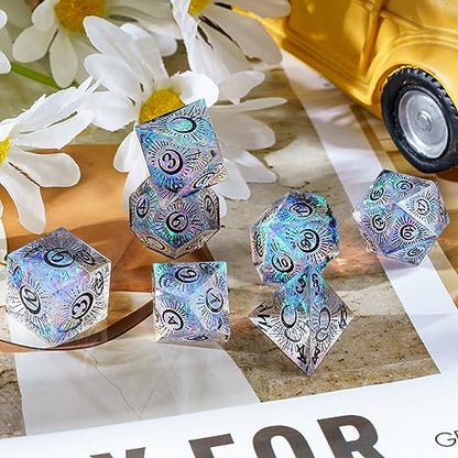 Cusdie Sharp Edges DND Dice, 7 PCs Moon Dice Set D&D Dice, Handcrafted Polyhedral Dice Set, for Role Playing Game Pathfinder(Moon/Black) - color: Moon Pattern-transparent Black