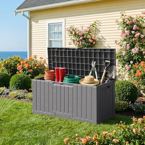 Jocoevol Deck Box 60 Gal, UV Resistant & Waterproof Outdoor Storage Box with Lock, Easy Assemble Storage Bins Container for Pool Patio Garden - size: 60Gal