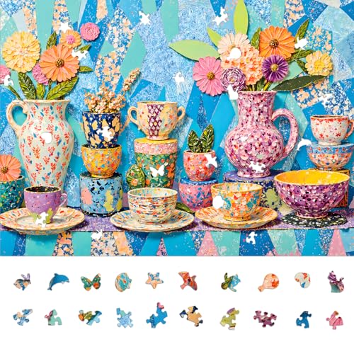 Vibrant Teapot Ceramic Collage Jigsaw Puzzles for Adults 1000 Pieces, Irregularly Shaped Difficult Puzzles Perfect for Game Night, Great Gift Idea, Size 26.65 x 19.25 in - color: Colorful-still-life