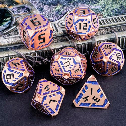 Metal DND Sci-fi Dice Set 7PCS Stripe Polyhedral Dice for Dungeons Dragons RPG Role Playing Game, Glitter D and D Dice with Gift Box D6 D8 D10 D12 D20 (Copper Blue) - color: Copper Blue