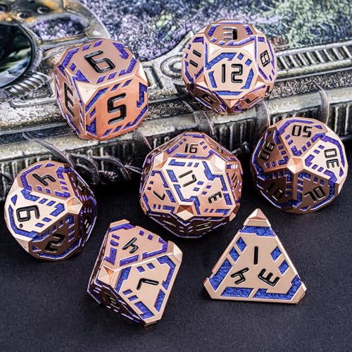 Metal DND Sci-fi Dice Set 7PCS Stripe Polyhedral Dice for Dungeons Dragons RPG Role Playing Game, Glitter D and D Dice with Gift Box D6 D8 D10 D12 D20 (Copper Blue) - color: Copper Blue