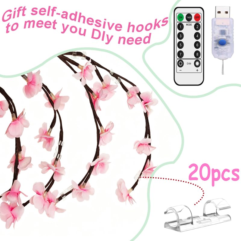 90 Inch Cherry Blossom Tree Light with Remote, 144 LED Cherry Blossom Branch Lights for Wall, 8 Lighting Modes&Timer, Flexible DIY Indoor Decoration for Home, Christmas, Wedding, Party (144LED-90inch) - size: 144LED-90inch