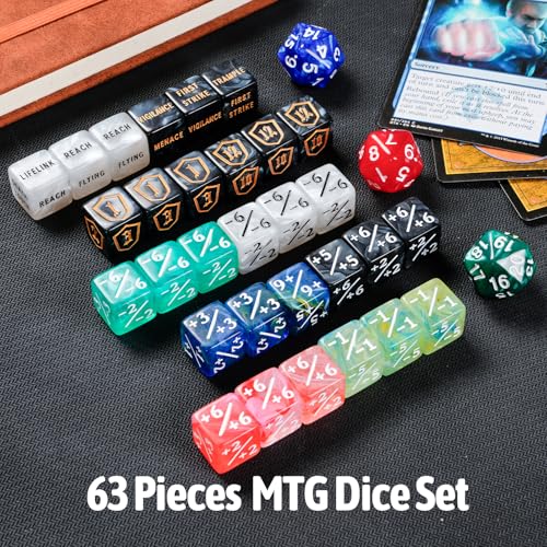 63 PCS MTG Dice Set with Shield Life Counter (1–12), Keyword Ability Counters, +1/-1 Stat Modifier Dice in 6 Colors, D20 & Storage Bag